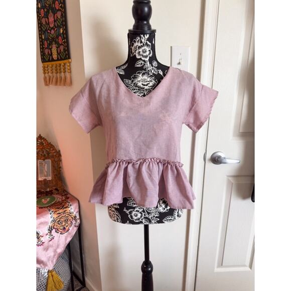 EUC Mauve Linen-Blend Peplum Blouse Flowy Ruffle Hem Women's Size M - Picture 1 of 7